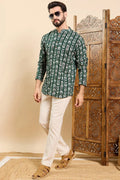 Green Viscose Rayon Chevron Printed Ethnic Straight Short Kurta For Men MSKU1006GRN