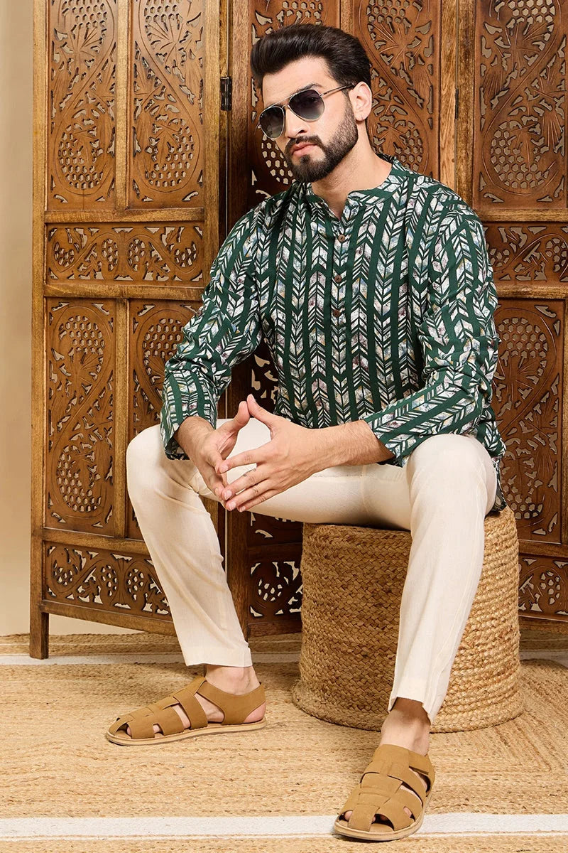 Green Viscose Rayon Chevron Printed Ethnic Straight Short Kurta For Men MSKU1006GRN