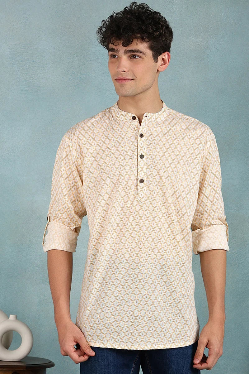 Off White Cotton Geometric Printed Straight Short Kurta For Men MSKU1007WHT