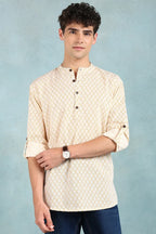 Off White Cotton Geometric Printed Straight Short Kurta For Men MSKU1007WHT