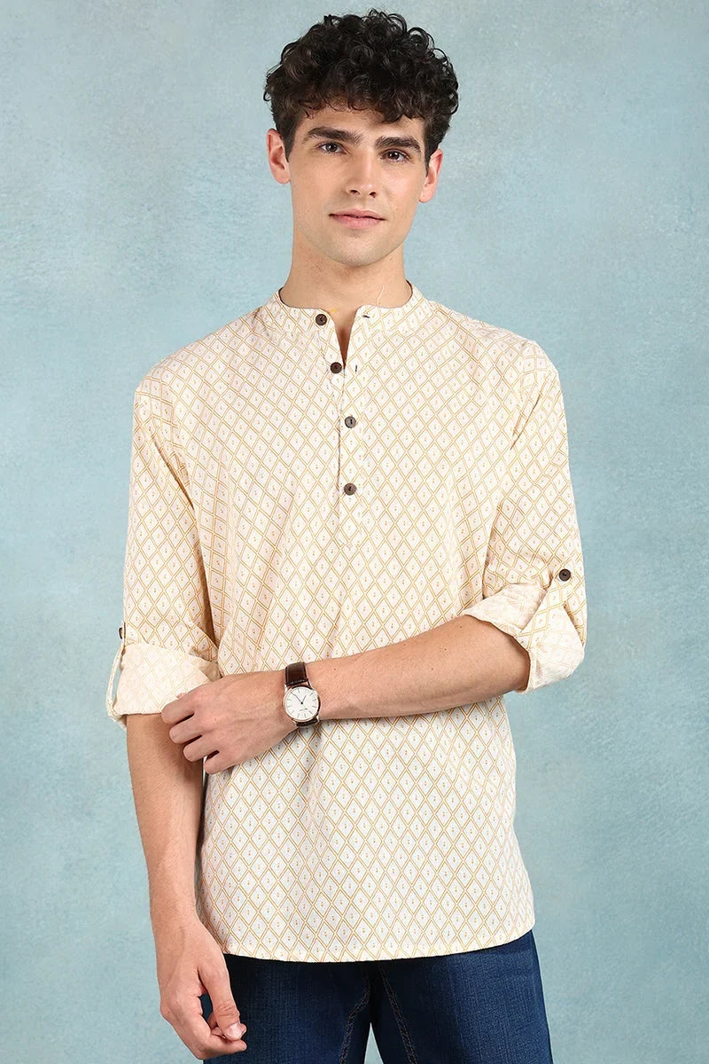 Off White Cotton Geometric Printed Straight Short Kurta For Men MSKU1007WHT