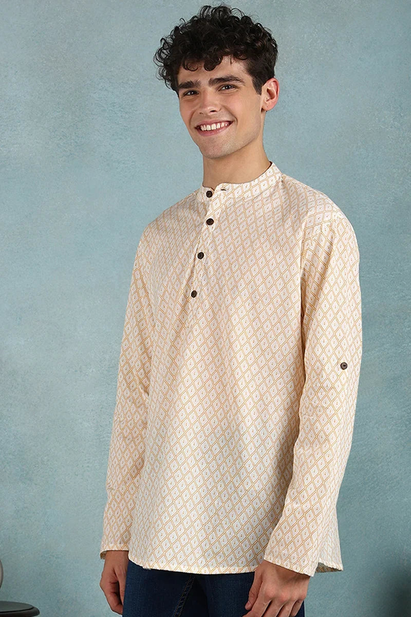 Off White Cotton Geometric Printed Straight Short Kurta For Men MSKU1007WHT