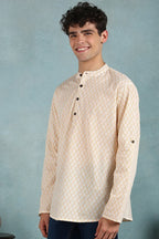 Off White Cotton Geometric Printed Straight Short Kurta For Men MSKU1007WHT