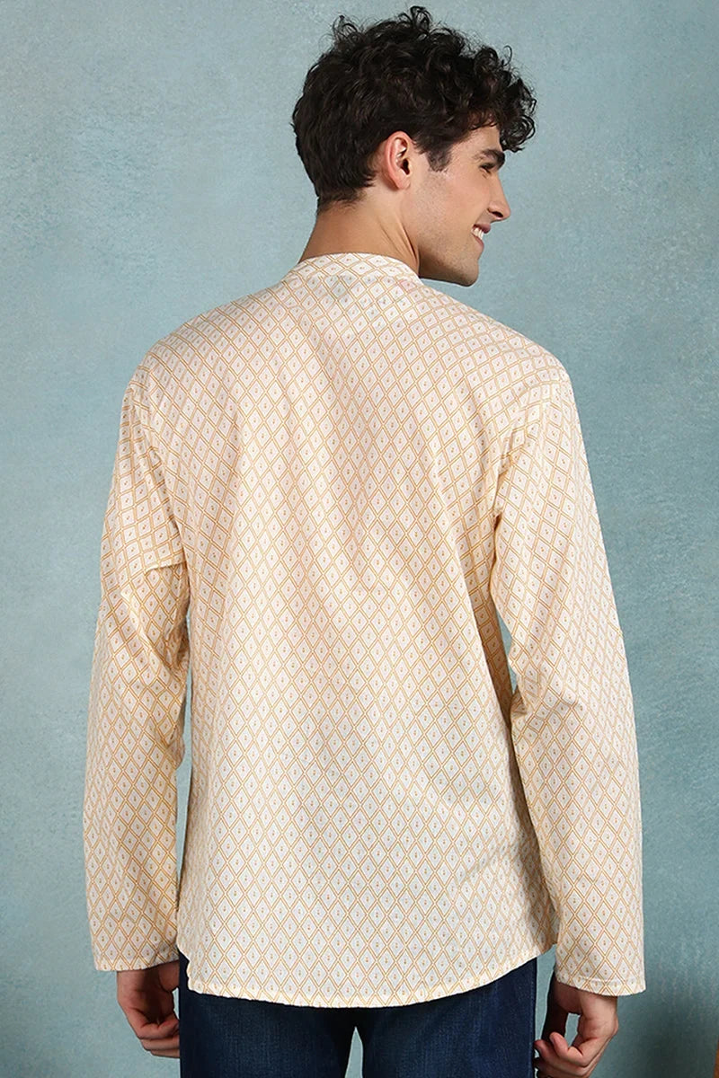 Off White Cotton Geometric Printed Straight Short Kurta For Men MSKU1007WHT