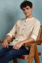 Off White Cotton Geometric Printed Straight Short Kurta For Men MSKU1007WHT