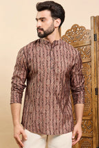 Brown Cotton Geometric Printed Ethnic Straight Short Kurta For Men MSKU1008BWN