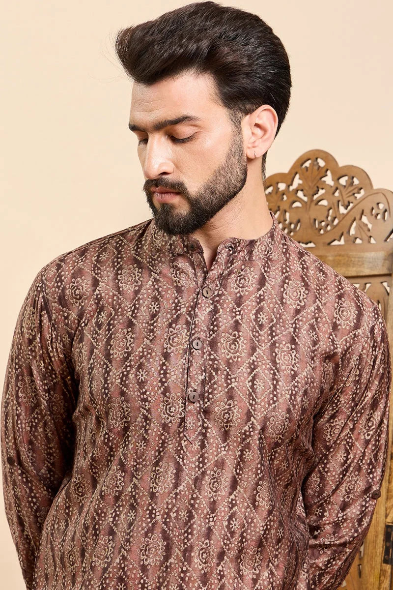 Brown Cotton Geometric Printed Ethnic Straight Short Kurta For Men MSKU1008BWN
