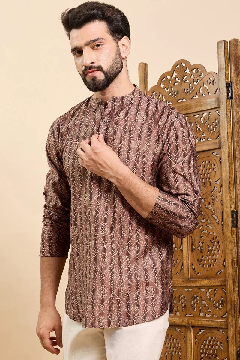 Brown Cotton Geometric Printed Ethnic Straight Short Kurta For Men MSKU1008BWN