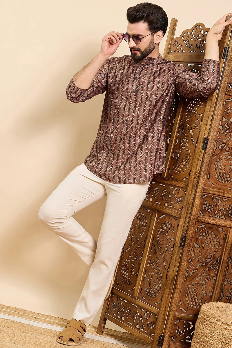 Brown Cotton Geometric Printed Ethnic Straight Short Kurta For Men MSKU1008BWN