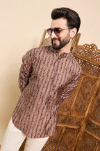 Brown Cotton Geometric Printed Ethnic Straight Short Kurta For Men MSKU1008BWN