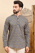 Grey Cotton Ethnic Motifs Printed Ethnic Straight Short Kurta For Men MSKU1010GRY