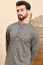Grey Cotton Ethnic Motifs Printed Ethnic Straight Short Kurta For Men MSKU1010GRY