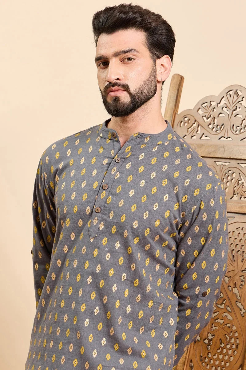 Grey Cotton Ethnic Motifs Printed Ethnic Straight Short Kurta For Men MSKU1010GRY
