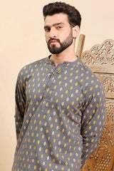 Grey Cotton Ethnic Motifs Printed Ethnic Straight Short Kurta For Men MSKU1010GRY