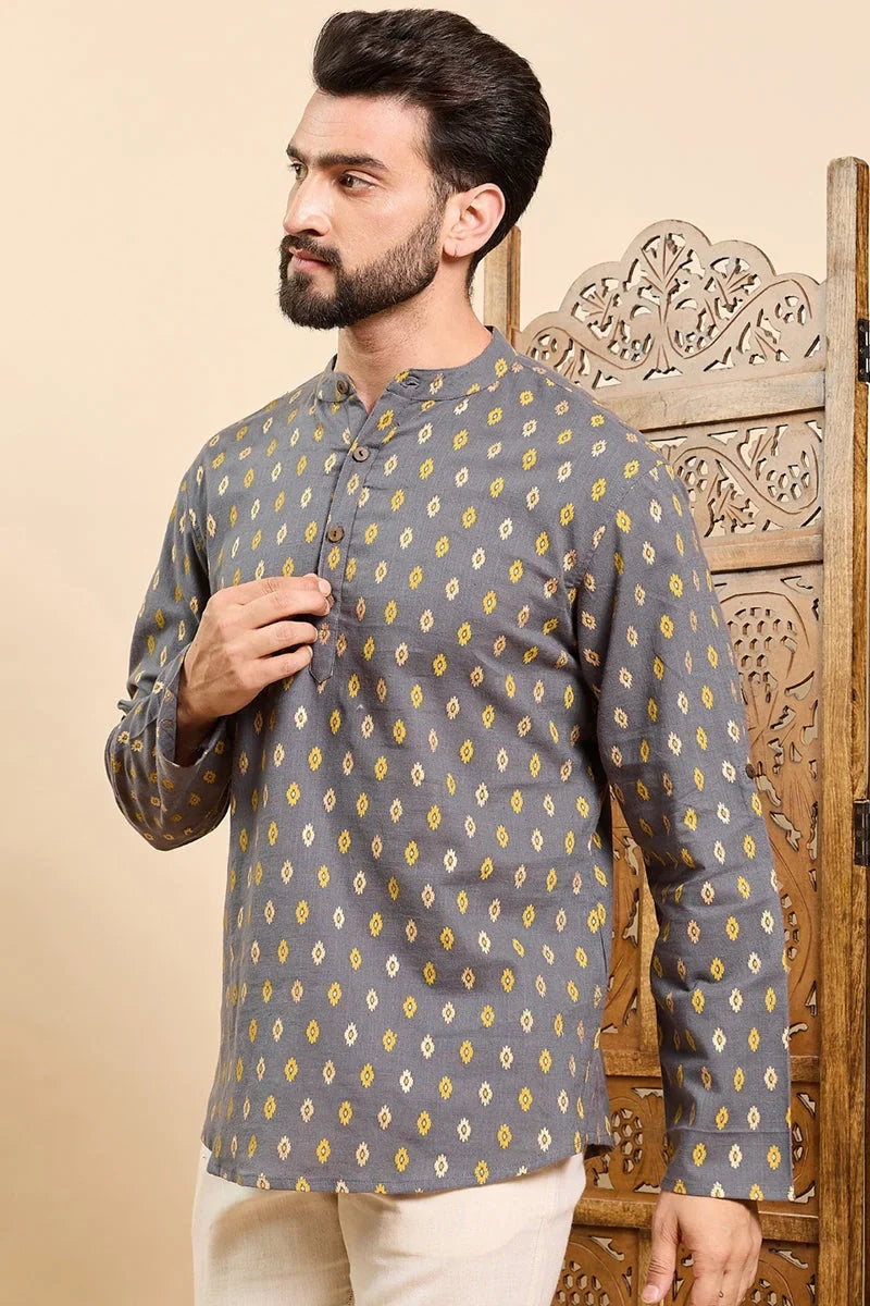 Grey Cotton Ethnic Motifs Printed Ethnic Straight Short Kurta For Men MSKU1010GRY
