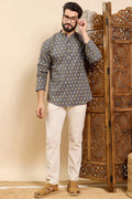 Grey Cotton Ethnic Motifs Printed Ethnic Straight Short Kurta For Men MSKU1010GRY
