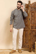 Grey Cotton Ethnic Motifs Printed Ethnic Straight Short Kurta For Men MSKU1010GRY