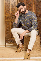 Grey Cotton Ethnic Motifs Printed Ethnic Straight Short Kurta For Men MSKU1010GRY