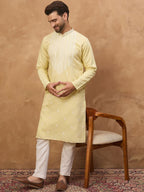Men Yellow Silk Blend Solid Embroidered Straight Kurta With Pant Set-MKSET1509