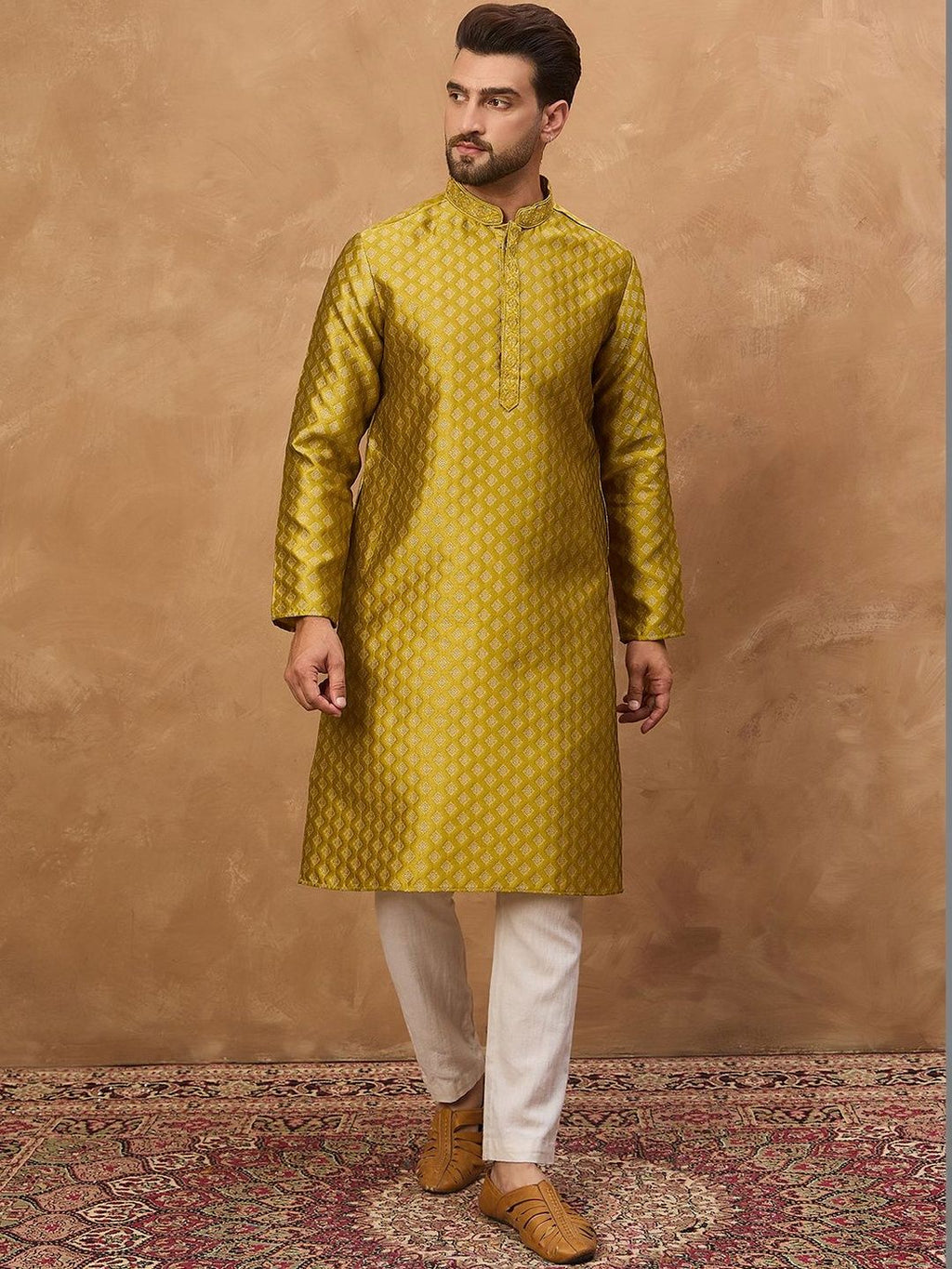 Men Yellow Silk Blend Solid Woven Design Straight Kurta With Pant Set-MKSET1459