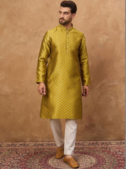 Men Yellow Silk Blend Solid Woven Design Straight Kurta With Pant Set-MKSET1459