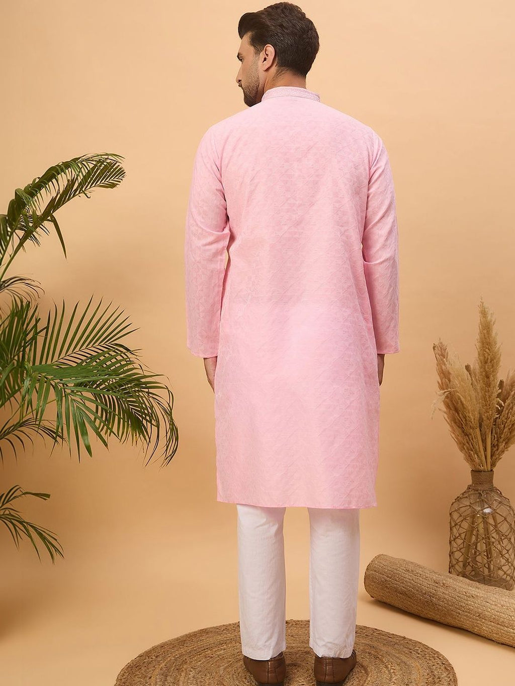 Men Pink Silk Blend Solid Embroidered Straight Kurta With Pant Set-MKSET1454