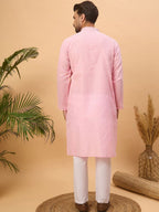 Men Pink Silk Blend Solid Embroidered Straight Kurta With Pant Set-MKSET1454