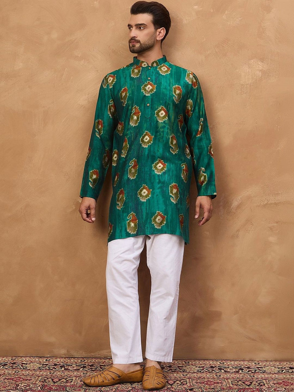 Men Teal Viscose Rayon Ethnic Motifs Printed Straight Kurta With Pant Set-MKSET1541