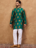 Men Teal Viscose Rayon Ethnic Motifs Printed Straight Kurta With Pant Set-MKSET1541