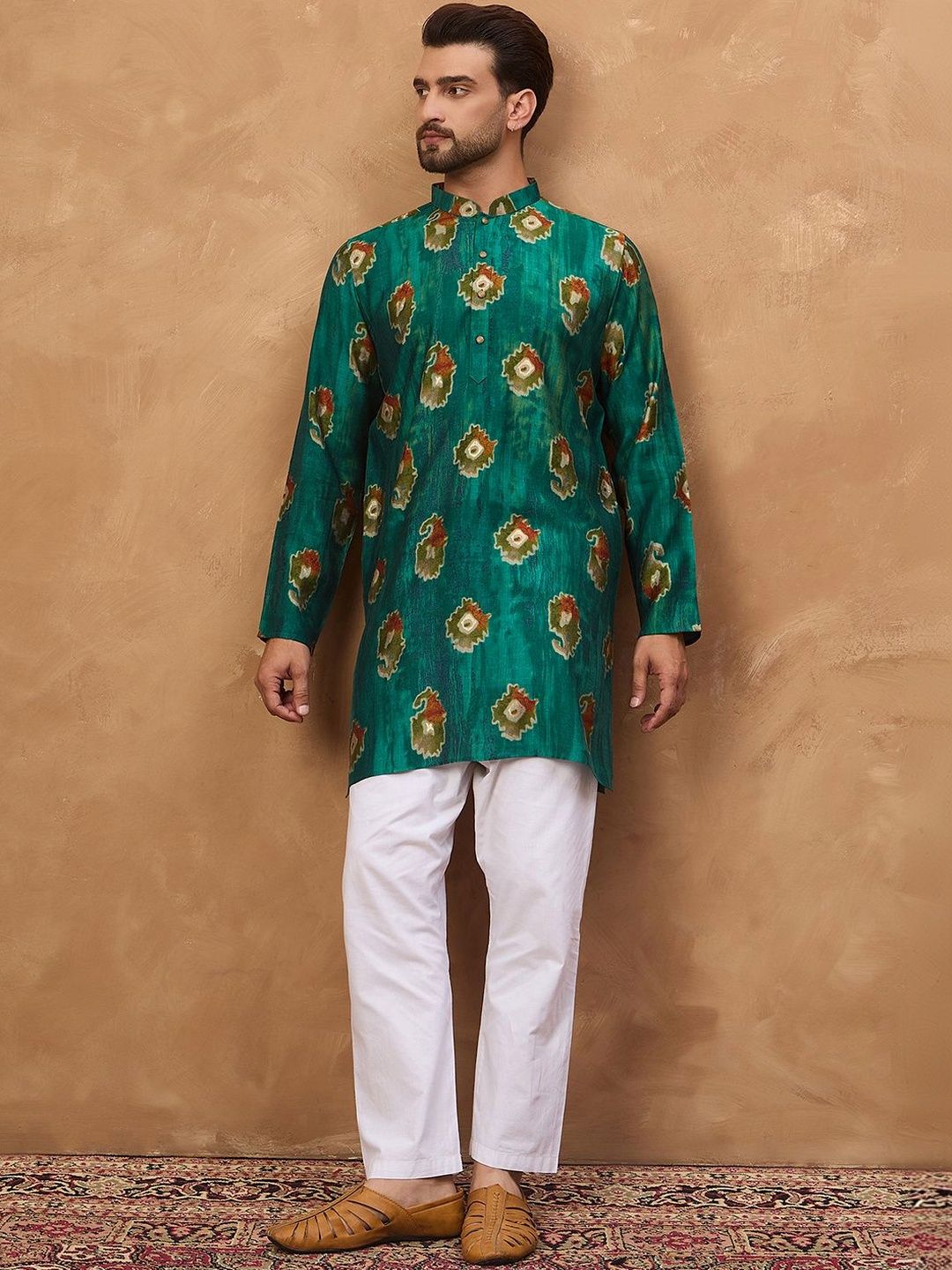 Men Teal Viscose Rayon Ethnic Motifs Printed Straight Kurta With Pant Set-MKSET1541