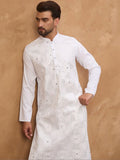 Men White Silk Blend Solid Embroidered Straight Kurta With Pant Set-MKSET1444