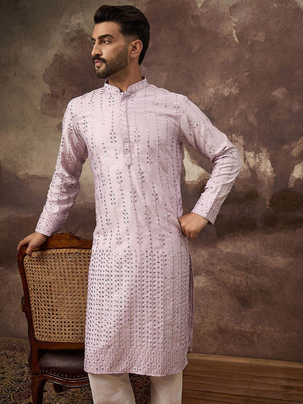 Men Lavender Silk Blend Solid Embroidered Straight Kurta With Pant Set-MKSET1359