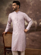 Men Lavender Silk Blend Solid Embroidered Straight Kurta With Pant Set-MKSET1359
