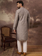 Men Grey Silk Blend Solid Embroidered Straight Kurta With Pant Set-MKSET1420