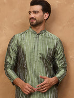 Men Green Silk Blend Solid Embroidered Straight Kurta With Pant Set-MKSET1439