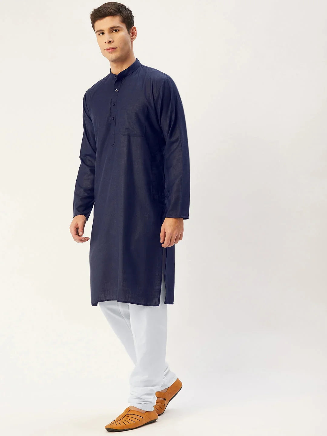 Men's Navy Cotton Solid Kurta Payjama Sets