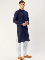 Men's Navy Cotton Solid Kurta Payjama Sets