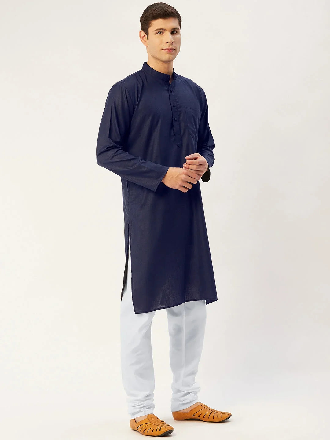 Men's Navy Cotton Solid Kurta Payjama Sets