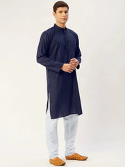 Men's Navy Cotton Solid Kurta Payjama Sets