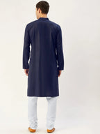 Men's Navy Cotton Solid Kurta Payjama Sets