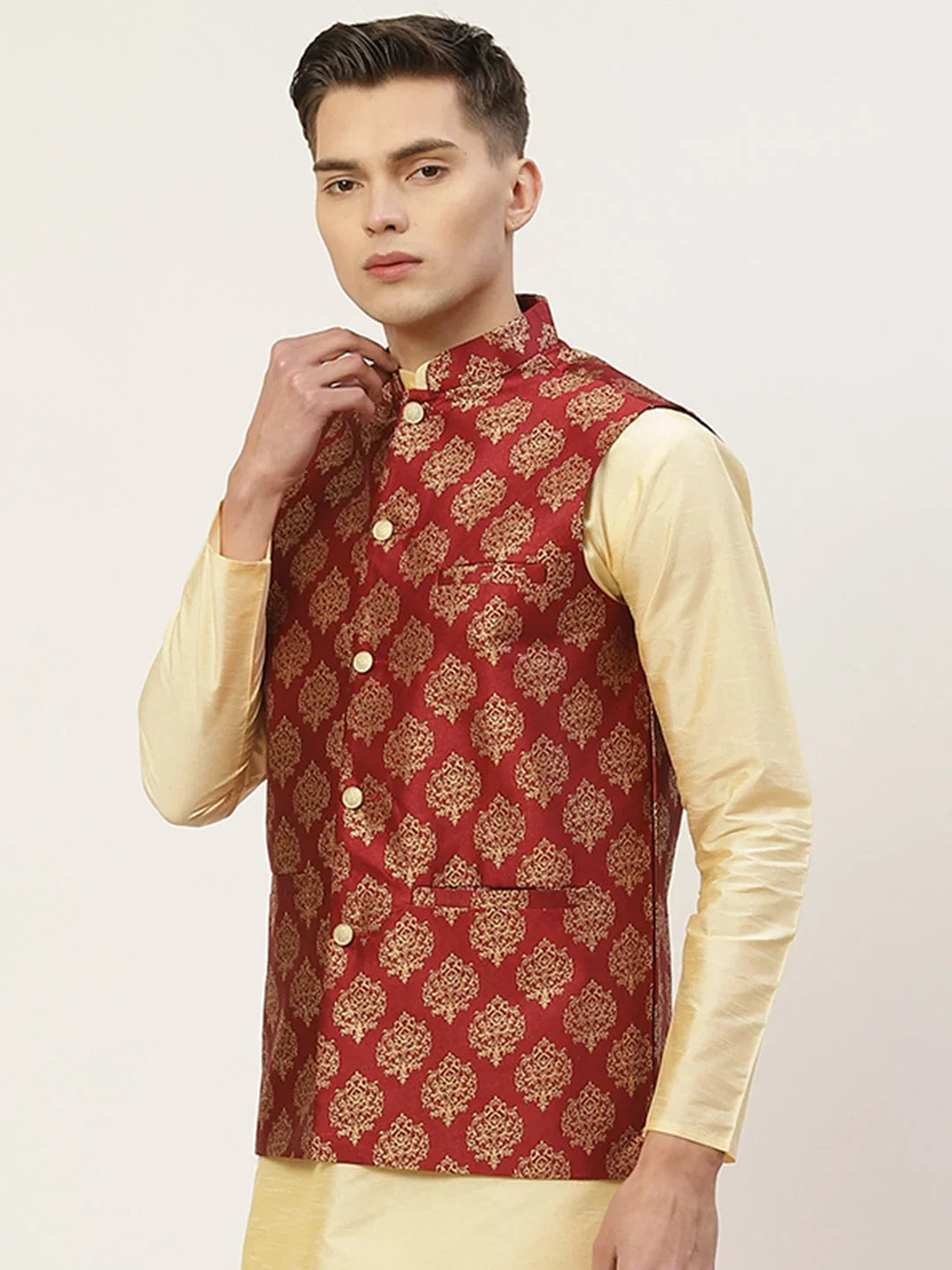 Men's Maroon Dark Printed Nehru Jacket