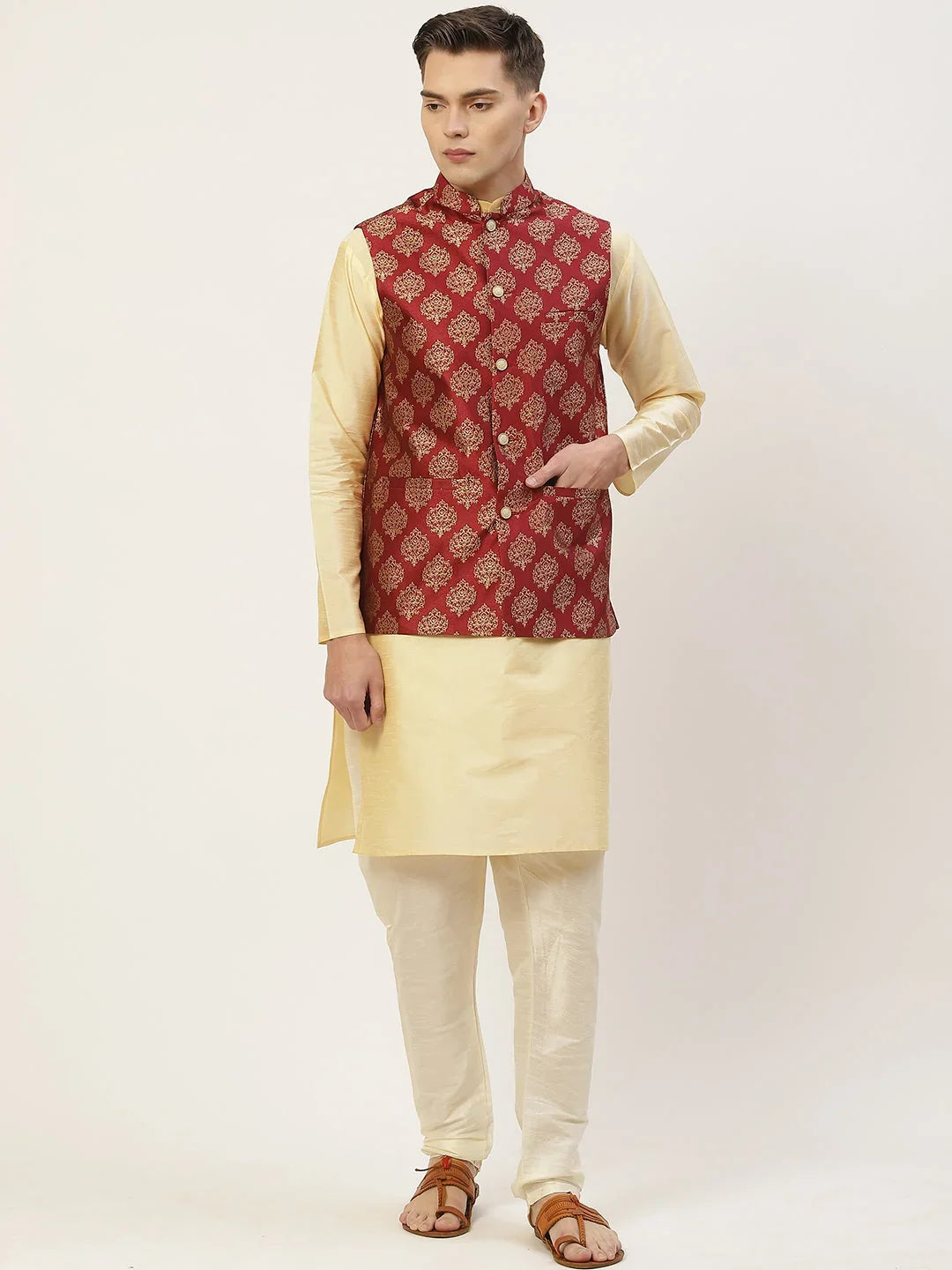 Men's Maroon Dark Printed Nehru Jacket