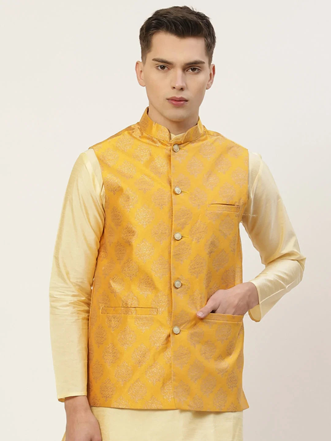 Men's Mustard Printed Assorted Nehru Jacket