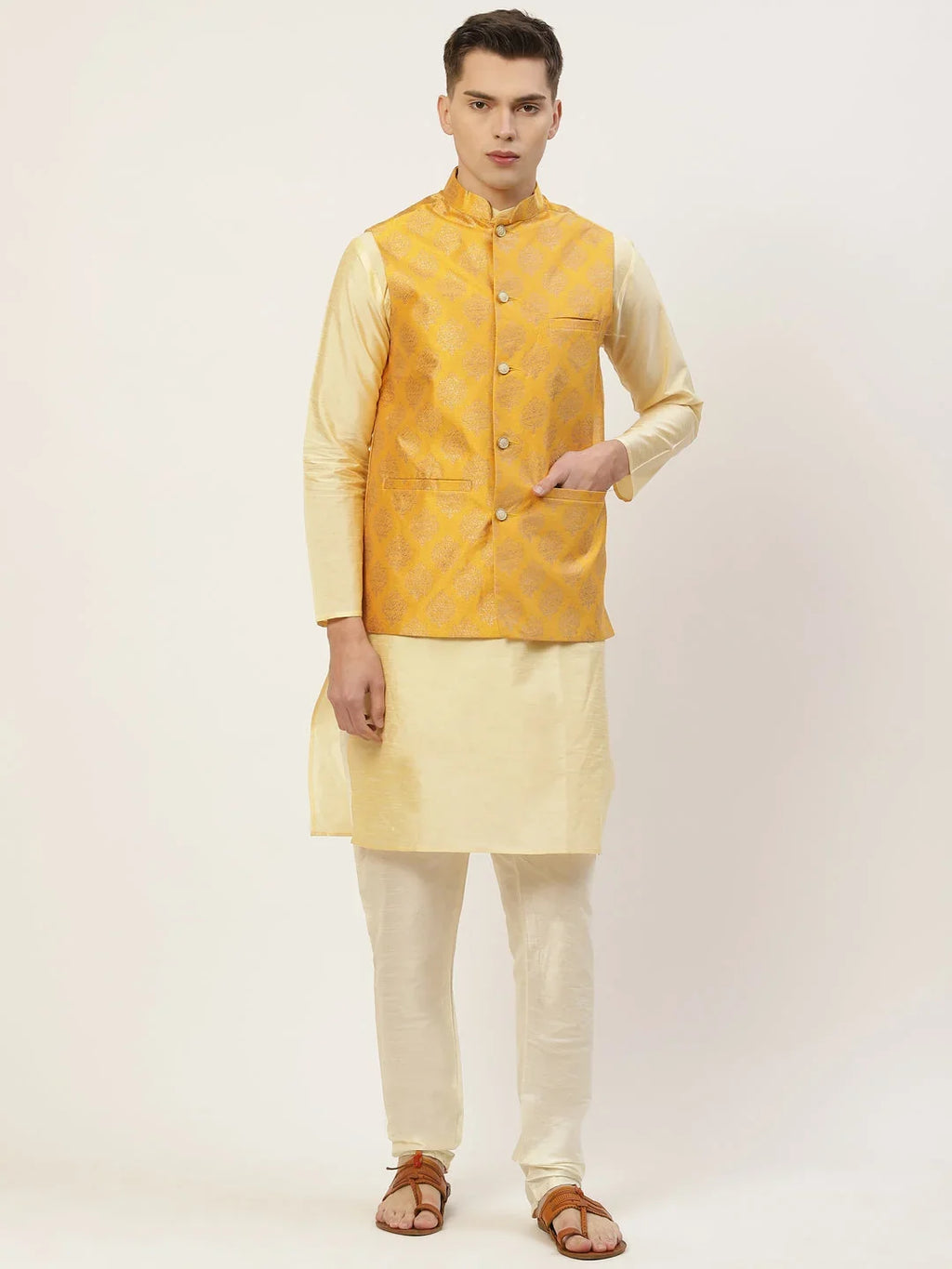 Men's Mustard Printed Assorted Nehru Jacket