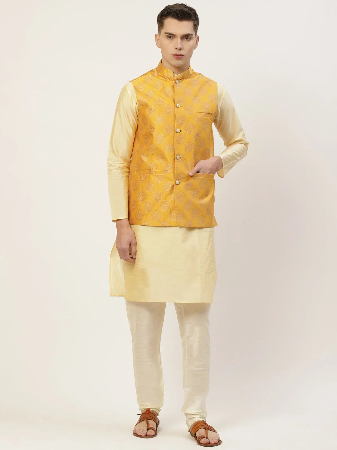 Men's Mustard Printed Assorted Nehru Jacket