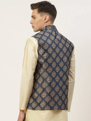 Men's Navy Printed Nehru Jacket