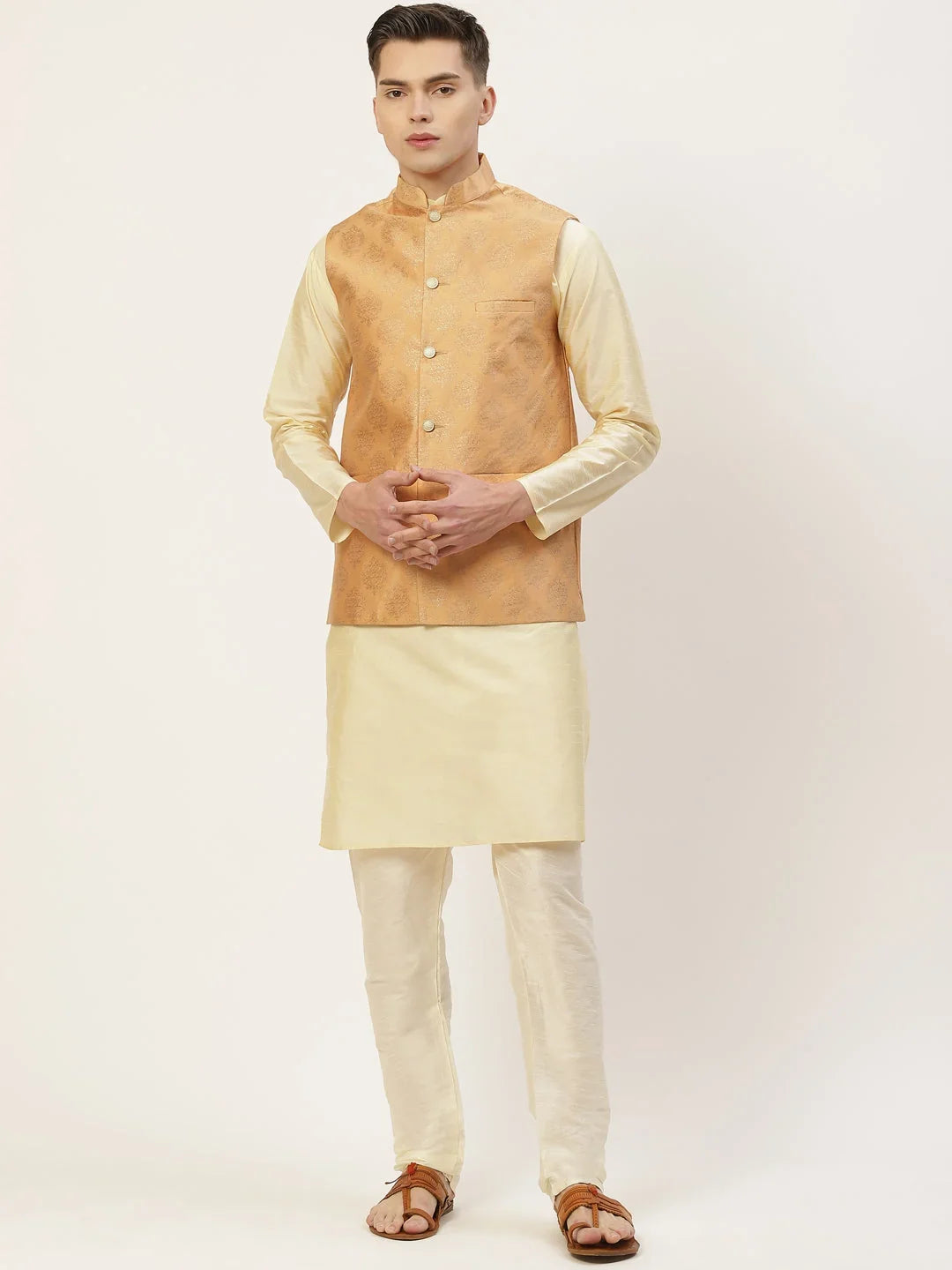 Men's Peach Printed Nehru Jacket