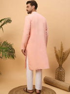 Men Peach Silk Blend Solid Embroidered Straight Kurta With Pant Set-MKSET1510