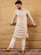 Men Multicolour Viscose Rayon Geometric Embroidered Straight Kurta With Pant Set-MKSET1193