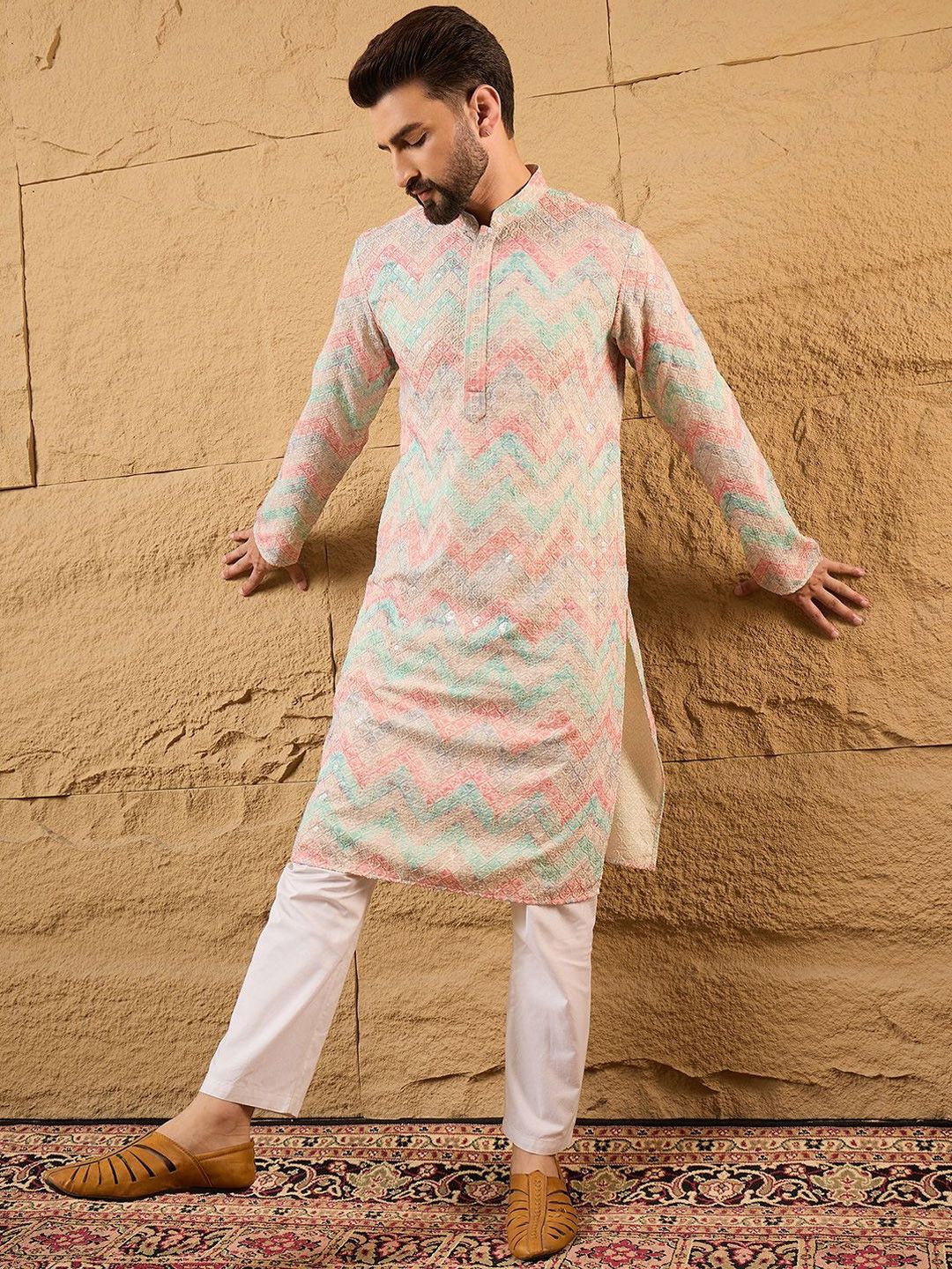 Men Multicolour Viscose Rayon Geometric Embroidered Straight Kurta With Pant Set-MKSET1193